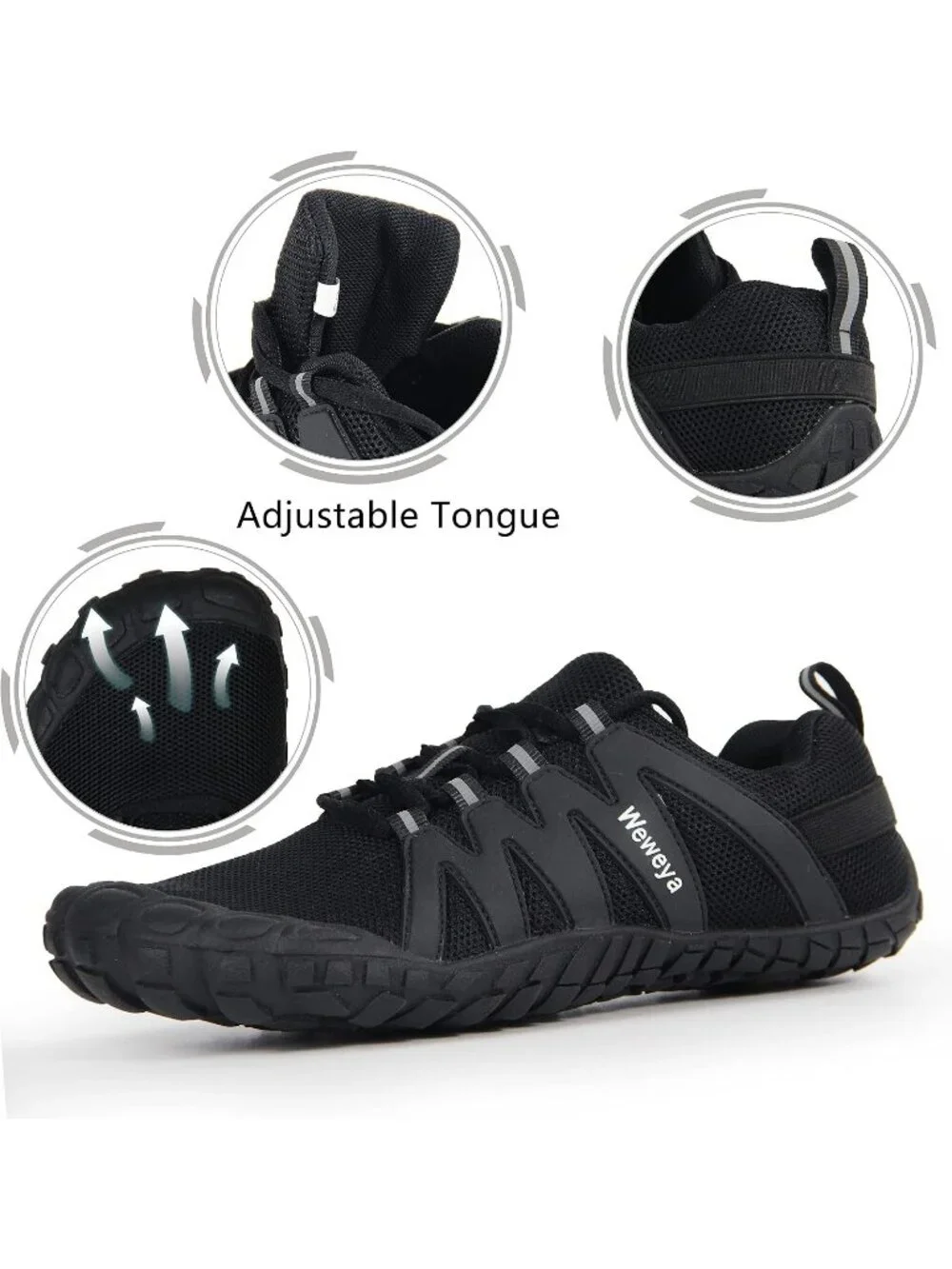Weweya Men's Black Rubber Minimalist Barefoot Wide Toe Lace Up Athletic Shoes